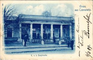 1899 Chernivtsi, Czernowitz, Cernauti, Csernyivci (Bukovina, Bucovina, Bukowina); K.u.K. Hauptwache / Austro-Hungarian K.u.K. military, main guardhouse with guards. Leon König 261. (EB)