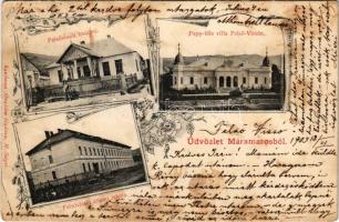 1903 Felsővisó, Viseu de Sus; kaszinó, Állami iskola, Papp-féle villa, kastély. Kaufman Ábrahám kiadása / casino, school, castle, villa. Art Nouveau, floral (Rb)