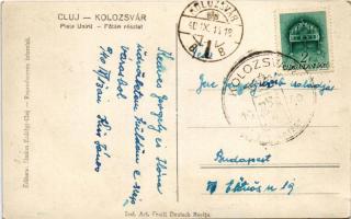 1940 Kolozsvár, Cluj; Fő tér, Központi szálloda, autóbuszok, Bernát üzlete, "Ez az üzlet teljes...