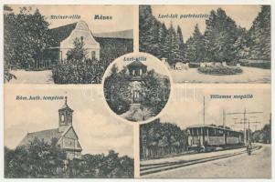 1927 Ménes, Minis; Római katolikus templom, Steiner és Lori villa, Lorilak park részlete, villamos megálló, villamos. Feibusz Samu kiadása / church, villas, park, tram station (EK)