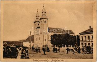 1916 Székelyudvarhely, Odorheiu Secuiesc; Battyányi tér, templom, piac, Gáspár testvérek üzlete / square, church, market, shop