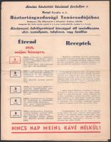 1938 Meinl Gyula Rt. Háztartásgazdasági Tanácsadója, étrend és receptek 1938. május hónapra, 4 p. + Meinl Gyula kávé és csokoládé reklámprospektus, 4 p.