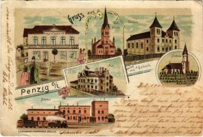 1901 Piensk, Penzig; Kath. Kirche, Turnhalle, Ev. Kirche, Post, Bahnhof, August Gallasch Papier, Kurz &amp; Galanteriewaaren / Catholic church, gym hall, Lutheran church, post office, railway station, locomotive, train, publisher's shop (A. Gallasch). E. A. Pjetschka Kunstanstalt Art Nouveau, floral, litho (pinhole)