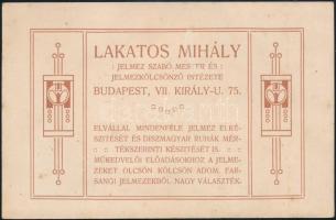 1910 Bp., Lakatos Mihály jelmez szabó mester és jelmezkölcsönző intézete (VII., Király u. 75.) szecessziós reklámlap, hátoldalán kézzel írt nyugta, 9x14 cm