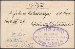 1910 Bp., Lakatos Mihály jelmez szabó mester és jelmezkölcsönző intézete (VII., Király u. 75.) szece...