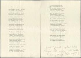 1983 Kálnoky László (1912-1985) kétszeres József Attila-díjas költő, műfordító Jékely Zoltán elsiratása c. versének gépelt kézirata, két oldal, Kálnoky László saját kezű javításaival és dedikációjával: ,,Horváth Jánosnak, hajdani kedves kollégámnak nagyon sok szeretettel. 1983 május 21. Kálnoky László". (A vers megjelent Összegyűjtött versek (1992), illetve Kálnoky László összegyűjtött versei (2006) c. posztumusz köteteiben.)