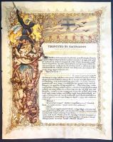 [Díszoklevél] Gróf Bethlen István országgyűlési képviselő Trianon utáni politikai szerepvállalását magasztaló, köszöntésére készült, pergamenre kézzel festett, illusztrált aranyozott díszoklevél, tekintetes és nagyságos megszólítással. Ismeretlen grafikus műve. (1921 tavasza). [Budapest, 1921 körül]. Színes tusrajz, mérete: 380x300 mm egy 405x325 mm méretű pergamen oklevélen. Kézzel festett, aranyozott díszoklevelünk gróf Bethlen István (1874-1946) jogászt, évtizedes parlamenti jelenléttel bíró országgyűlési képviselőt köszönti, és politikai fellépését méltatja. Az oklevél szövegében sejtetett nemzetmentő szerep vélhetően Bethlen 1919-1920 évi politikai tevékenységéhez kapcsolódik. Az országos politikához 1901-től szabadelvű, függetlenségi párti, majd alkotmányos párti képviselőként csatlakozó Bethlen István 1918-1919-ben nyíltan bírálta Károlyi Mihály kormányát, a Tanácsköztársaság alatt az ellenkormányként működő Antibolsevista Comité vezetője volt, majd az 1920 januári választással ismételten a magyar országgyűlésbe került. "Tekintetes és nagyságos bethleni gróf Bethlen István doktor!" megszólítással induló díszoklevelünk közvetlenül a gróf miniszterelnöki székbe kerülését megelőzően készülhetett; a korszak igazán komolyan vett nevezékrendje szerint a mindenkori miniszterelnöknek ugyanis a nagyméltóságú megszólítás járt, melyet oklevelünk még nem érvényesít. Ennek alapján a Bethlen István jövőbeli nemzetmentő szerepét megelőlegező díszoklevelünk keletkezési idejét közvetlenül az 1921. április 14-i miniszterelnöki kinevezés előtti napokra tesszük. A szenvedélyes nyelven írt méltató oklevél a trianoni döntés által kifosztott nép nevében köszönti az egykor erdélyi fejedelmeket is adó főnemesi család sarját, és kijelenti, hogy a vészterhes órán a bethleni kitartásra és harci erényekre van szükség. Aranyozott kerettel körülvett, kézzel írt oklevelünk bal oldalán ismeretlen művész allegorikus grafikája, mely a székely kopjafákhoz kötözött, bilincsbe kötött paraszti alakok illusztrációja felett a sárkányt legyőző páncélos vitéz figuráját jeleníti meg, tőle jobbra pedig a kettős kereszt által uralt hármas halom motívumával utal az ország helyreállítandó területi integritására. Jó állapotú lap, unikum.