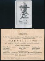 Lord Baden-Powell, a cserkészmozgalom megalapítóját ábrázoló fém kártya, 9,5x6 cm + 1928 Meghívó a 252. Kiss József cserkészcsapat hölgybizottsága által rendezett juniálisra