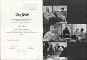 1976 A Népi Kollégiumok Országos Szövetsége (NÉKOSZ) emléklapja Vas Zoltán (1903-1983) kommunista politikus, író részére, Polinszky Károly (1922-1998) Kossuth-díjas vegyészmérnök, oktatási miniszter, Pozsgay Imre (1933-2016) kulturális miniszter, illetve Kardos László (1918-1980) néprajzkutató, 1956-os elítélt (1963-ban szabadult) aláírásával + 9 db Vas Zoltánt ábrázoló fotó, többségük Wagner Margit pecséttel jelzett felvétele, 9x12 cm