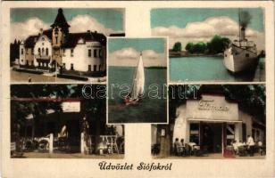 1949 Siófok, Községháza, gőzhajó, Tünde presszó, étterem (EB)