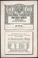 cca 1912 K.k. Priv. Theater an der Wien, igazgató: Karcag Vilmos, műsorfüzete Lehár Ferenc Eva című operettje, reklámokkal, képekkel Remegius Geyling (1878-1974) grafikus, festő (Vienna Secession Wiener Werkstaette) dekoratív fejlécével, 12p