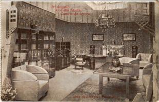 Milano, Milan; Prima Esposizione Internazionale d'Arte Decorativa Moderna, Camera del lavoro / világkiállítás magyar pavilonja, Úri dolgozó, Körösfői Aladár, képeslapfüzetből / exposition of modern decorative arts, Hungary, from a postcard booklet (EK)