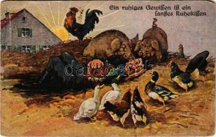 Ein ruhiges Gewissen ist ein sanftes Ruhekissen / German humour art postcard + "SHS Hrvatska" (kopott sarkak / worn corners)