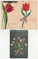 3 db RÉGI tulipános patrióta propaganda képeslap / 3 pre-1945 Hungarian patriotic propaganda postcard with tulips