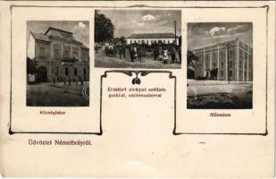 1916 Bóly, Németbóly; Községháza, Erzsébet királyné (Sisi) szálloda parkkal és emlékszoborral, Műmalom. Makart fényképész felvételei (Mohács), Art Nouveau + "K.u.K. Ersatzkompagnie des b.-h. F. J. B. Nr. 2." (gyűrődés / crease)