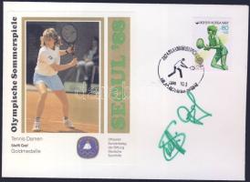 1988 Steffi Graf olimpiai bajnok német teniszező saját kezű aláírása alkalmi bélyegzéses borítékon / Autograph signature of German olympic champion tennis player on special cancellated envelope