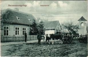 1914 Balatonszentgyörgy, Falu részlet, ökrös szekér. MÁV levelezőlapárusítás (EK)
