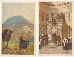 21 db RÉGI Hollós Endre vallásos művészlap. Kiadja A Szentföld biztosi hivatala / 21 pre-1945 religious art postcards signed by Endre Hollós