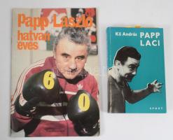 Papp László (1926-2003) háromszoros olimpiai bajnok ökölvívó autográf fotója, Sudio Mari Sport Photo, jelzett a fotón, 13x9 cm + Kő András: Papp Laci. Bp., 1973, Sport, 174 p. + 10 (fekete-fehér képtáblák) t. Első kiadás. Benne cikkel. Kiadói kartonált papírkötés, a borítón kis kopásnyomokkal. + Papp Laci hatvan éves. Bp.,1986., Sportprapaganda, 24+4 p. Benne cikkel. Papírkötés.