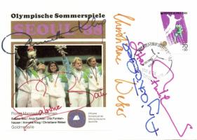 1988 Az Olimpiai bajnok német sífutó csapat tagjainak saját kezű aláírása alkalmi bélyegzéses borítékon / Autograph signature of the members of the German olympic champion florett team on special cancellated envelope