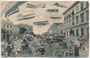 1915 Szolnok, a jövőben montázs, Scheftsik Bazár, Királyi Törvényház, üzletek, villamos, repülőgép, léghajó, kerékpár, automobil. Faragó Sándor kiadása / in the future montage (EK)