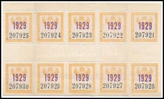 1929 MÁV éves bérlet matrica 10 db-os sorszámozott ív, középen dupla fogazás