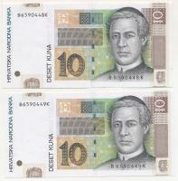 Horvátország 2012. 10K (2x) "B 6590448 K - B 6590449 K" T:F, szép papír Croatia 2012. 10 Kuna (2x) "B 6590448 K - B 6590449 K" C:F, szép papír Krause P#38