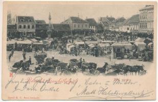 1899 Szombathely, Heti vásár, piac, Weiner József, Stirling Bódog, Deutch József és Társa üzlete. Apfel H. C. kiadása (ázott / wet damage)