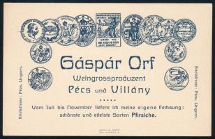 cca 1900 Orf Gáspár pécsi és villányi bornagykereskedő német nyelvű reklámkartonja, szép állapotban