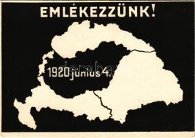 Emlékezzünk! 1920 június 4. Kiadja a Magyar Nemzeti Szövetség / Remember 4th June 1920! Hungarian irredenta art postcard, map after the Treaty of Trianon (EK)