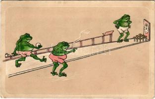 1906 Smoking frogs playing bowling. Emb. litho (EK)