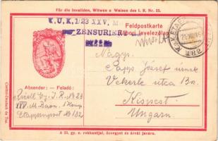 1916 Tábori levelezőlap a 23. gyalogezred sapkajelvényével. A 23. gyalogezred rokkantjai, özvegyei és árvái javára. Czettel-Deutsch és Társa kiadása / WWI Austro-Hungarian K.u.K. military, field postcard, cap badge + "K.u.k. Etappenpostamt 182" (EK)