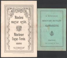 1889-1890 A Müncheni Magyar Egylet alapszabályai. (Alapittatott 1886. november hó 13-án.) Pécs, 1889, Lyceumi-ny. (Feiler Mihály), 23+(9) p. Benne tagsági jegy Süle Jenő részére, illetve elutazás bejelentését igazoló bejegyzés. Kiadói tűzött papírkötés, megkímélt állapotban, kissé foltos borítóval. Ritka! + A Müncheni Magyar Egylet (Münchener Ungar-Verein) meghívója Münchenben először rendezett magyar szüreti ünnepélyre, magyar és német nyelven, 2 sztl. lev.