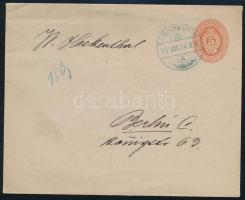 1895 5kr díjjegyes boríték, hátoldalon levélzáróval, kék "SEPSI-SZENT-GYÖRGY" - Berlin