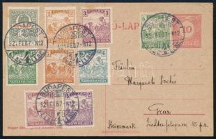 1921 10f díjjegyes levelezőlap 9 bélyeges kiegészítéssel Budapestről Grazba