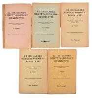 Az Ideiglenes Nemzeti Kormány rendeletei. Megjelentek a Magyar Közlöny hivatalos lapban. I-V. füzet. 1945. Kiadói papírkötés, kissé kopottas állapotban.