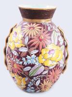 Virágos art deco Mikado váza Boch &amp; Fréres, Belgium cca 1920. Dekorterv: Raymond Chevallier. Kézzel festett plasztikus, aranyozott, jelzett, hibátlan 24 cm   Floral art deco Mikado vase Boch &amp; Fréres, Belgium circa 1920. Decorative design: Raymond Chevallier. Hand-painted plastic, gilded, marked, flawless 24 cm