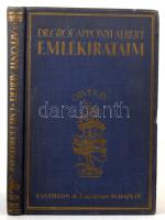Dr. Gróf Apponyi Albert: Emlékirataim. Ötven év. Ifjúkorom - Huszonöt év az ellenzékben. Bp., (1922), Pantheon Irodalmi Intézet Rt. (Globus-ny.), 257+6 p. Második, átnézett kiadás. Kiadói aranyozott egészvászon-kötés, kopottas állapotban.