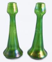 Jugendstil Lötz váza pár. Irizáló zöld hutaüveg. Jelzés nélkül 22 cm /// Jugendstil Lötz vase pair. Iridescent green art glass. Unsigned, height: 22 cm.