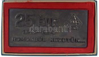 1970. "25 éve - 1945-1970 - Romokból kezdtük..." egyoldalas bronz emlékplakett, a felszabadulás 25. évfordulójára, eredeti tokban (160x76mm) T:AU patina