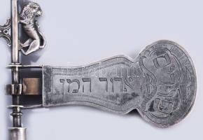 Ezüst (Ag) Purim ünnepi kereplő, 1883, orosz, jelzett, mesterjellel, gazdagon díszített, 20x13 cm, b...