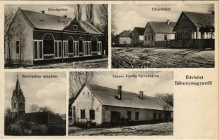 Bábonymegyer (Somogy), Községháza, utcarészlet, református templom, Krausz Jozefin kereskedése. Falus Dezső felvétele