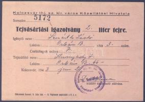 1943 Kolozsvár tejvásárlási igazolvány / Milk buying ID