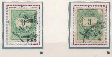 1874 2 db 3kr durva gyöngyjavítással (ex Orbán, Sebestyén aranyérmes kiállítási anyagból)