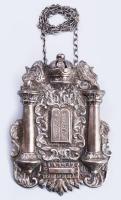 Ezüst (Ag) chósen tóra-vért - oszlop, korona és tízparancsolat ábrázolással. 1851, magyar, 13 latos, mesterjellel, 18x13 cm, nettó 237g /// Silver (Ag) Chosen Torah Finial (Rimonim) with Column, Crown, and Ten Commandments Motifs, 1851, hugarian, 13-lot, with maker's mark, 18 × 13 cm, net weight 237 g.