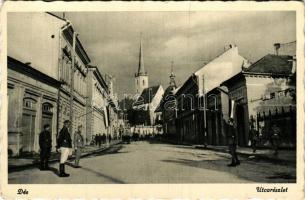 Dés, Dej; utca részlet, magyar zászlók és katonák, Református templom / street view, Hungarian flags and soldiers, Calvinist church (EK)