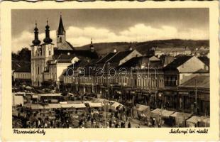 Marosvásárhely, Targu Mures; Széchenyi tér, piac, templom, Fritsch, Grün Dezső, Vámos Sándor üzlete / square, market, church, shops