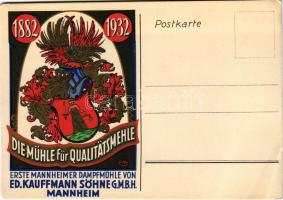Erste Mannheimer Dampfmühle von Ed. Kauffmann Söhne GmbH 1882-1932. Die Mühle für Qualitätsmehle / Ed. Kauffmann's Sons' steam mill and flour advertisement. litho s: R. M. (EB)