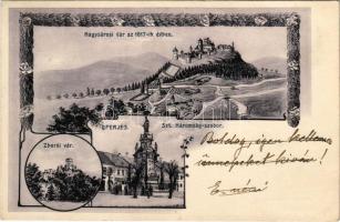 Eperjes, Presov; Nagysárosi vár az 1617. évben, Zborói vár, Szentháromság szobor, Stern üzlete. Divald Károly fia kiadása, szecessziós-virágos keret / castle in Velky Saris anno 1617, castle in Zborov, Holy Trinity statue, shop. Art Nouveau, floral