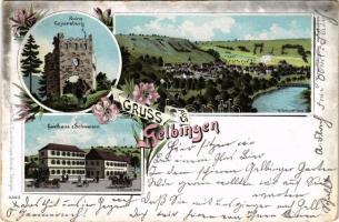 Gelbingen, Ruine Geyersburg, Gasthaus z. Schwanen. Gebr. Metz. Kunstverlags Anstalt / castle ruins, restaurant, inn, general view. Art Nouveau, floral, litho (creases)